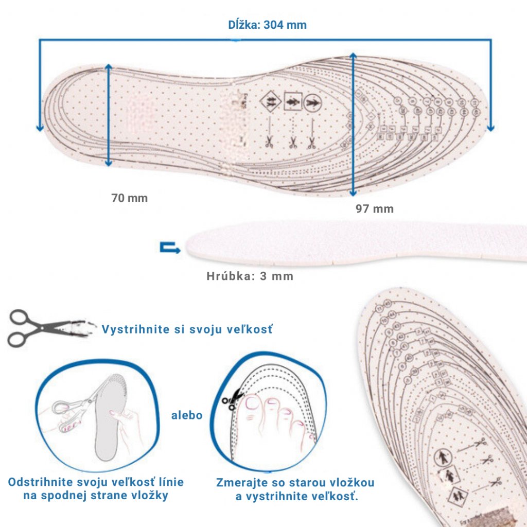 Dĺžka a hrúbka vložiek do topánok proti poteniu Frotte CUT